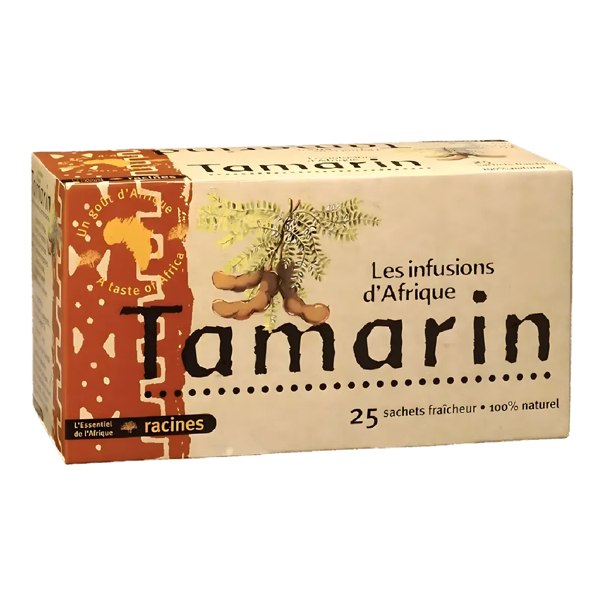 Boîte de 25 sachets d'infusion RACINES tamarin d'Afrique, 100% naturel, goût acidulé et sucré, dans la catégorie infusions exotiques.